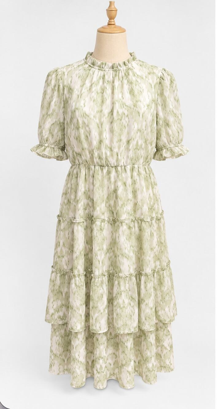 Jodifl Green and White Ruffle Tiered Dress, Size M